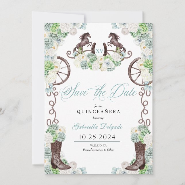 Western Mint Green Cacti Save The Date Quinceañera Invitation (Front)