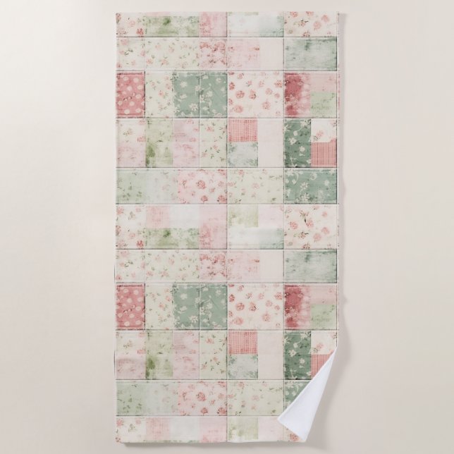 Western Mint Pink Floral Quilt Patterns Beach Towel (Front)