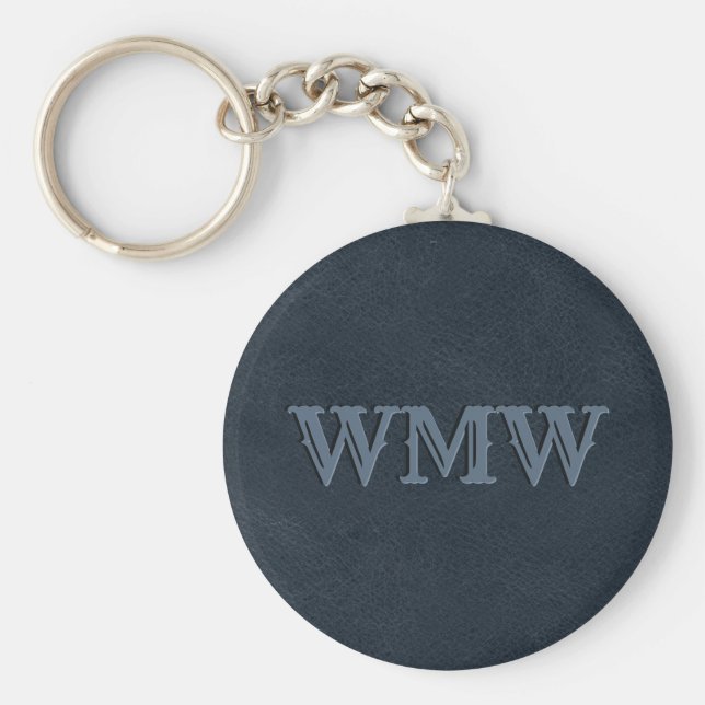 Western Monogram Navy Blue Faux Leather Key Ring (Front)