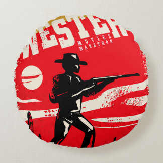 Western movies marathon retro poster design layout round cushion