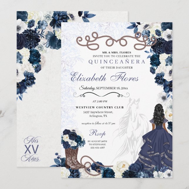 Western Navy Blue Princess Charra Quinceañera Invitation (Front/Back)