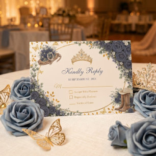 Western Navy Blue Rose Golden Country Quinceañera RSVP Card