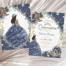 Western Navy Blue Roses Golden Country Quinceañera