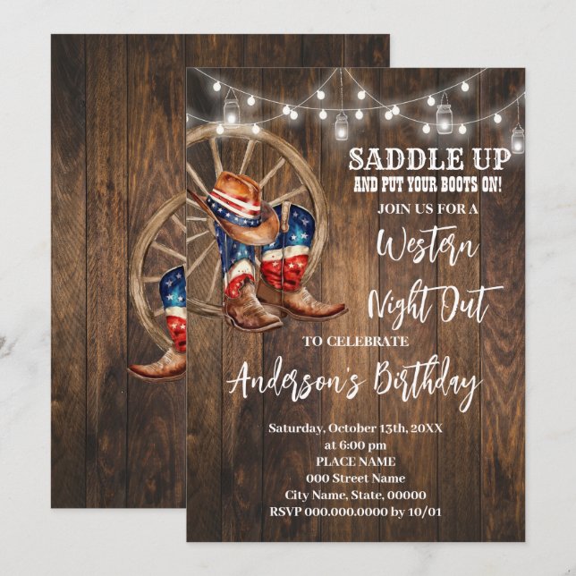 Western Night Out Cowboy Patriotic Birthday Invitation (Front/Back)