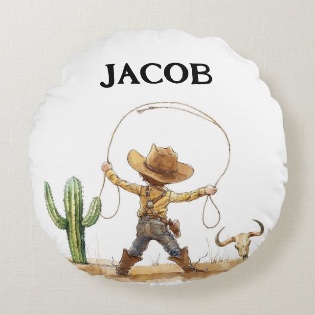 Western Nursery Decor, Personalised Cowboy Round Cushion (Front)