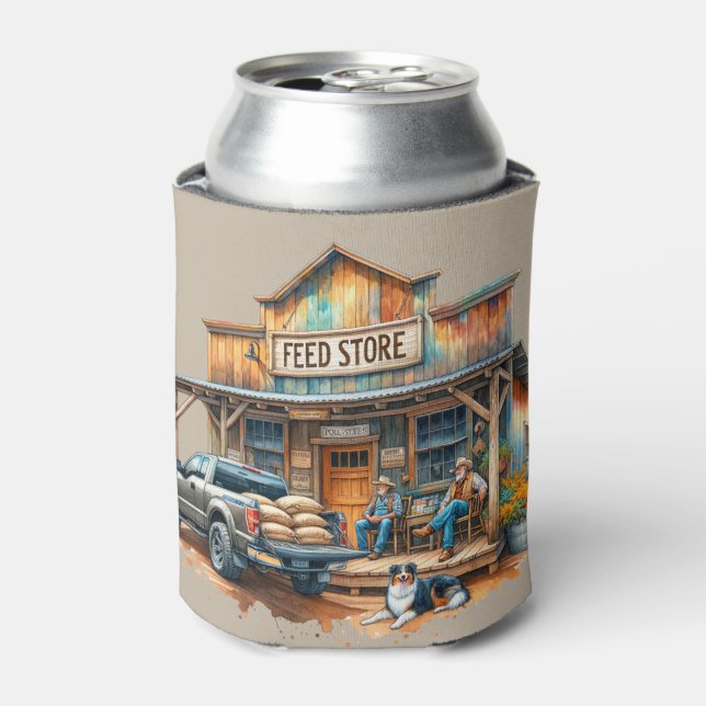Western Old Cowboys Truck and Dog at Feed Store   Can Cooler (Can Front)