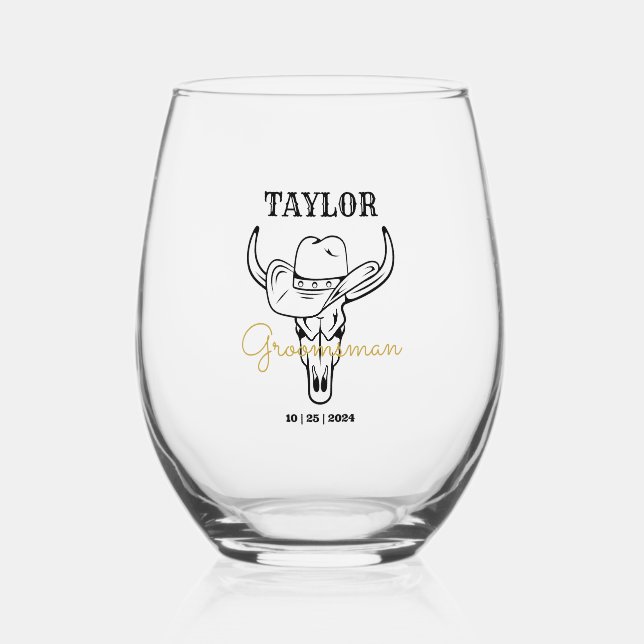 Western Old Frontier Cowboy Personalised Groomsmen Stemless Wine Glass (Front)