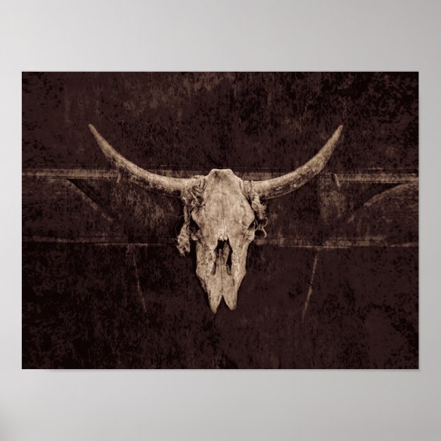 Western Old Rustic Bull Skull Brown Beige Country Poster (Front)