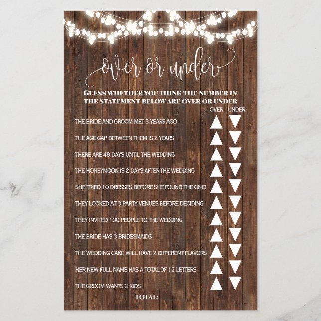 Western Over or Under Bridal Shower Game Card (Front)