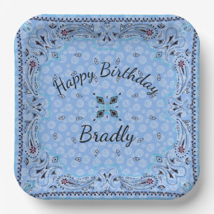 Western Paisley Blue Bandanna Custom 9" Paper Plate