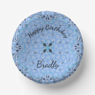 Western Paisley Blue Bandanna Custom  Paper Plate