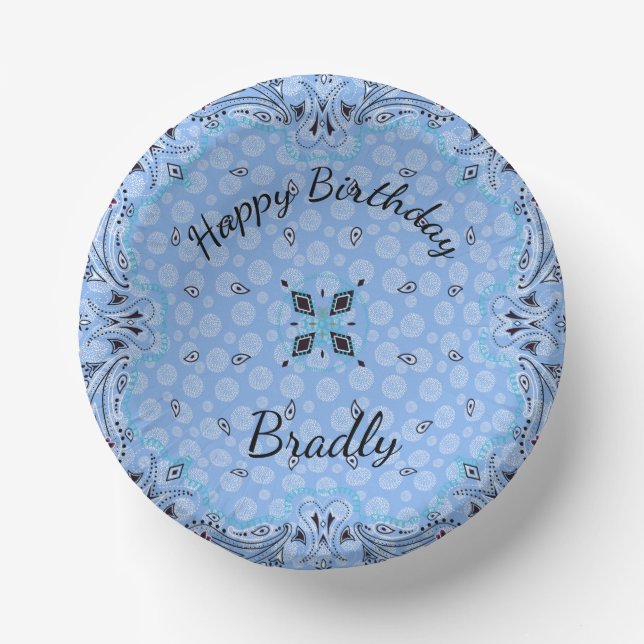 Western Paisley Blue Bandanna Custom  Paper Plate (Front)