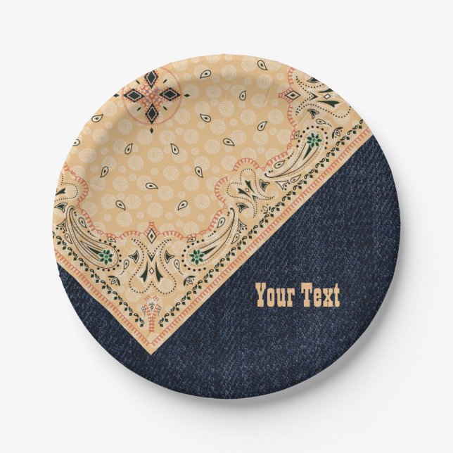 Western Paisley Gold Bandanna Print Denim Party 7" Paper Plate (Front)