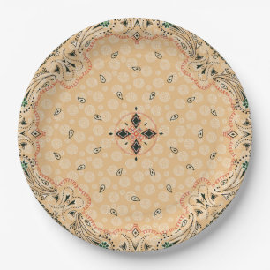 Western Paisley Gold Bandanna Print Party 9" Paper Plate