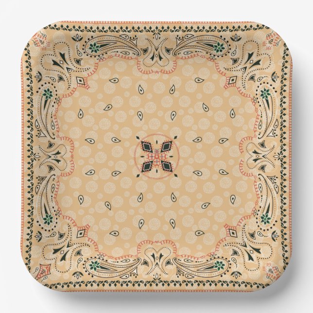 Western Paisley Gold Bandanna Print Party 9" Sq Paper Plate (Front)