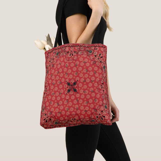 Western Paisley Red Bandanna Print Cowgirl Tote Bag (Close Up)