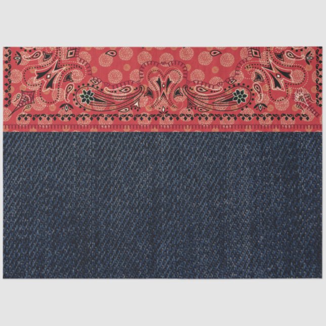 Western Paisley Red Bandanna Print Denim Decoupage Tissue Paper (Front)