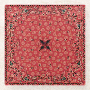 Western Paisley Red Bandanna Print Glass Coaster