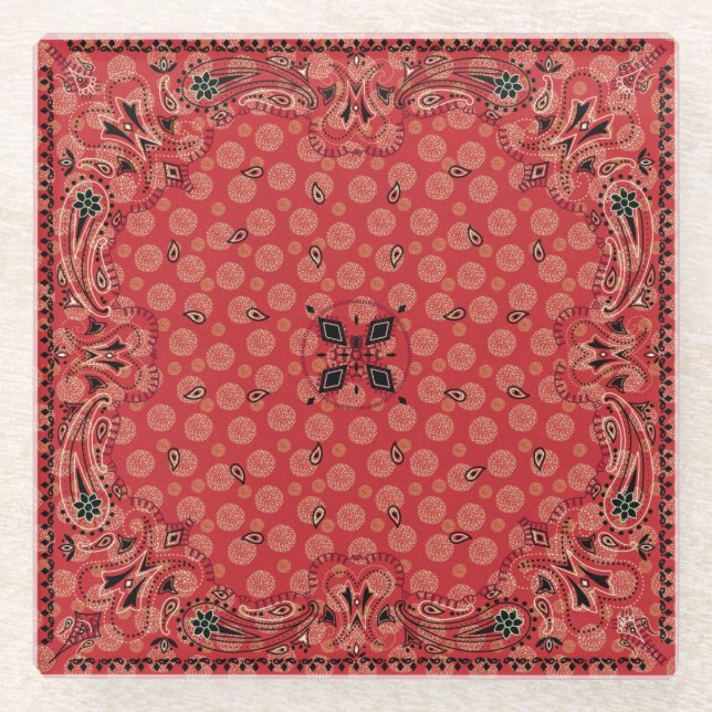 Western Paisley Red Bandanna Print Glass Coaster (Front)