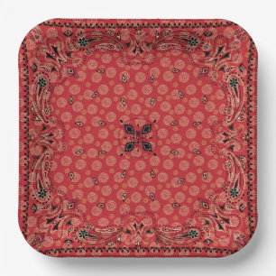 Western Paisley Red Bandanna Print Party 9" Sq Paper Plate