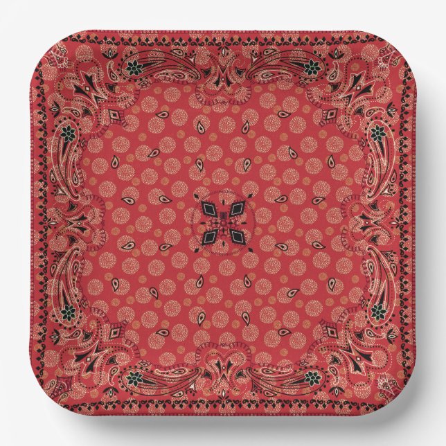 Western Paisley Red Bandanna Print Party 9" Sq Paper Plate (Front)
