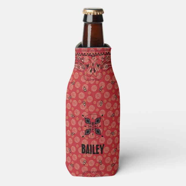 Western Paisley Red Bandanna Print Personalised Bottle Cooler (Bottle Front)