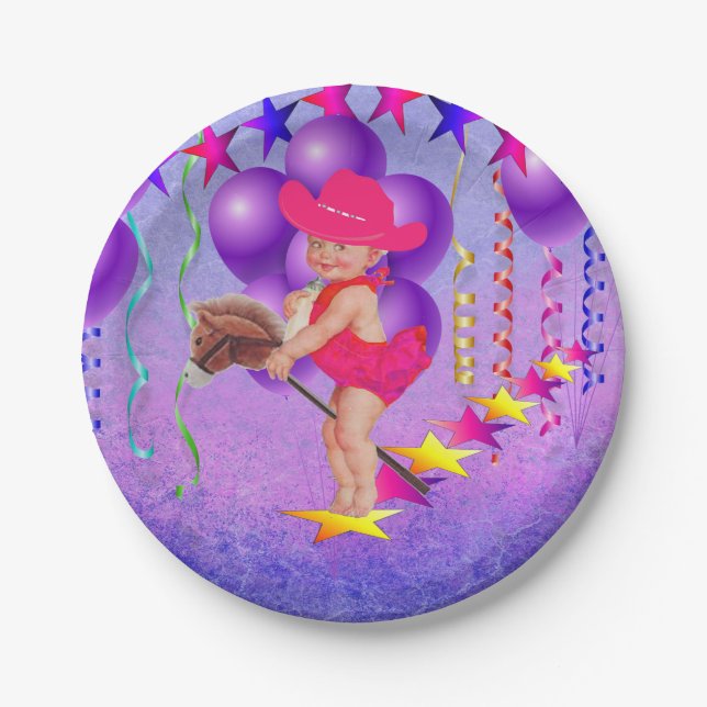 Western Party Baby Cowgirl On Stick Horse Plates (Front)