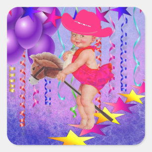 Western Party Baby Cowgirl  On Stick Horse Square Sticker