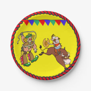 Western Party Bull Rider and Rodeo Clown Paper Plate