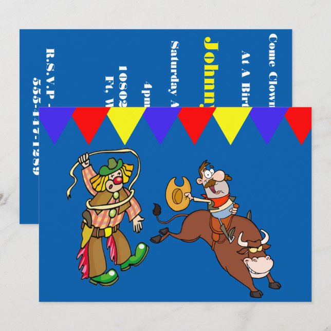 Western Party Bull Rider Rodeo Clown Personalise Invitation (Front/Back)
