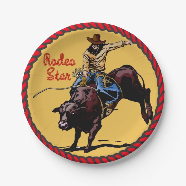 Western Party Bull Riding Paper Plates (Front)