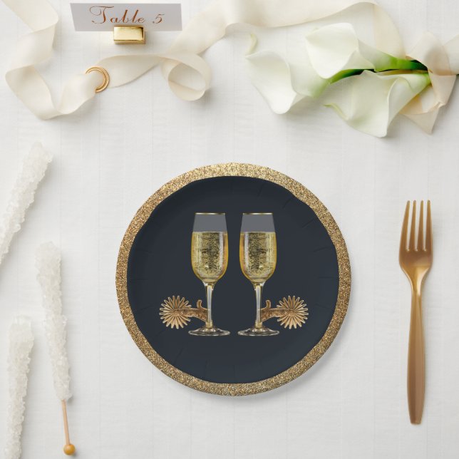 Western Party Champagne And Spurs Paper Plates (Wedding)