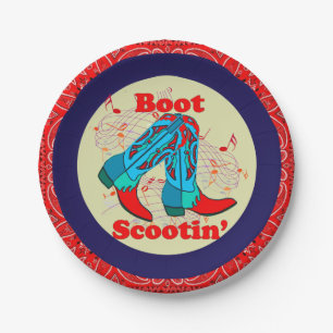 Western Party Cowboy Boot Scootin" Dance Red Paper Plate