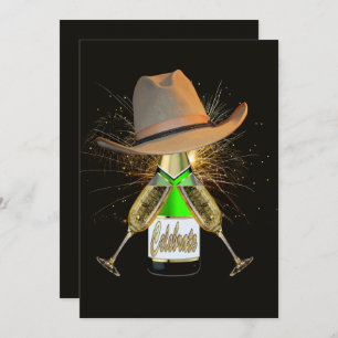 Western Party Cowboy Hat Champagne Fireworks Invit Invitation