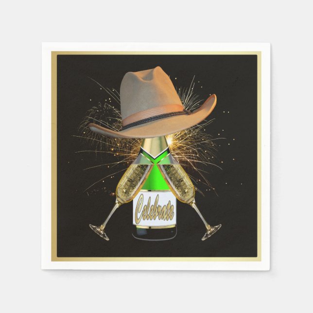 Western Party Cowboy Hat Champagne Frieworks Napkin (Front)