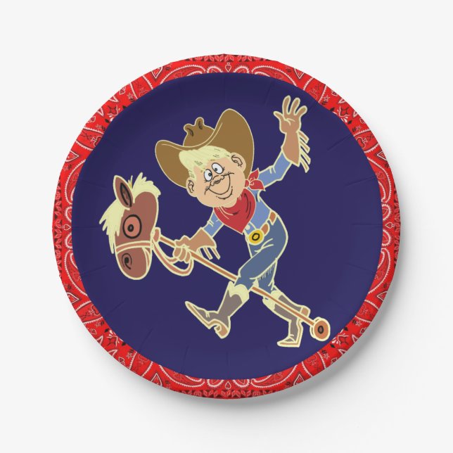 Western Party Cowboy On Stick Horse Red Bandanna Paper Plate (Front)