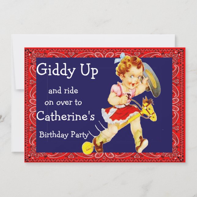 Western Party Cowgirl On Stick Horse Invitation (Front)