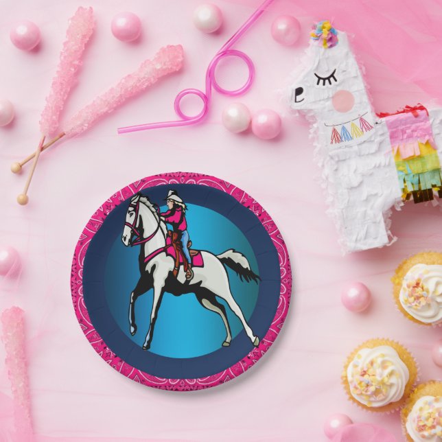 Western Party Cowgirl Riding Horse Pink Bandanna Paper Plate (Party)