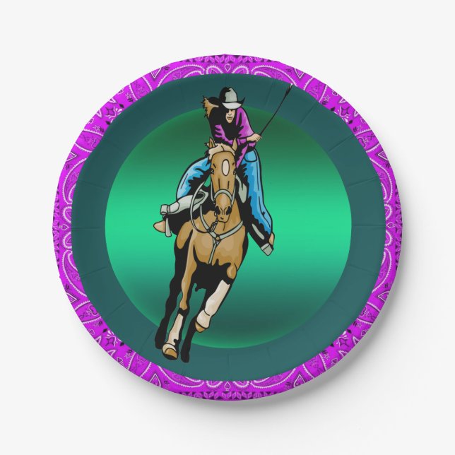 Western Party Cowgirl Riding Horse Purple Bandanna Paper Plate (Front)