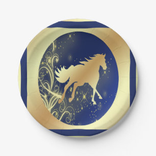 Western Party Gold Horse On Blue and Gold Plates