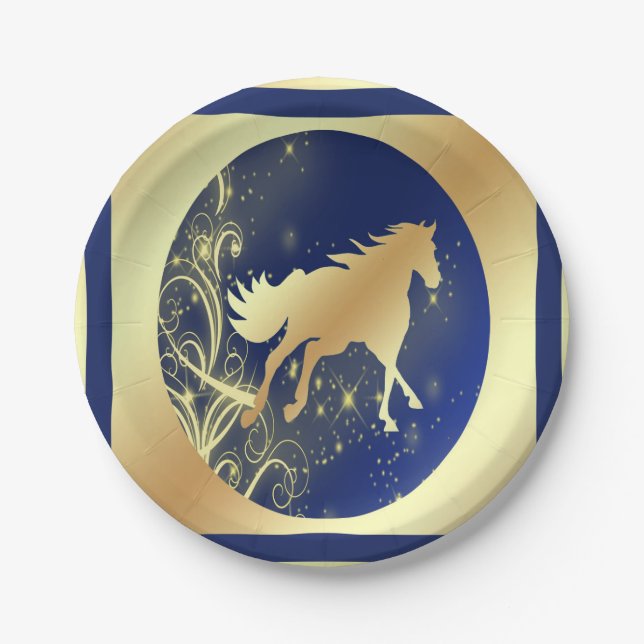 Western Party Gold Horse On Blue and Gold Plates (Front)