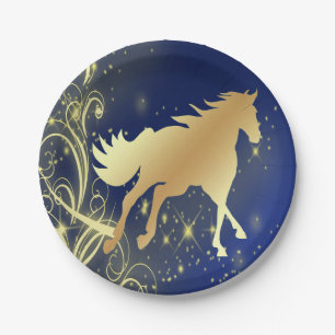Western Party Gold Horse On Blue Plates