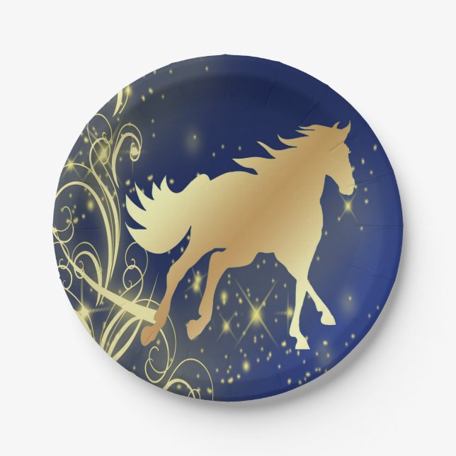 Western Party Gold Horse On Blue Plates (Front)