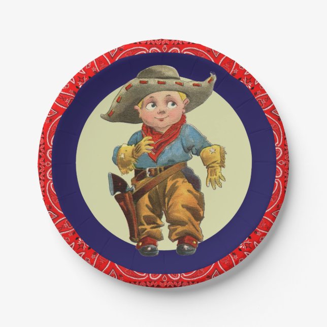 Western Party Little Cowboy Red Bandanna Paper Plate (Front)