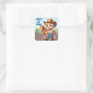 Western Party Little Cowboy With Horse Custom Square Sticker