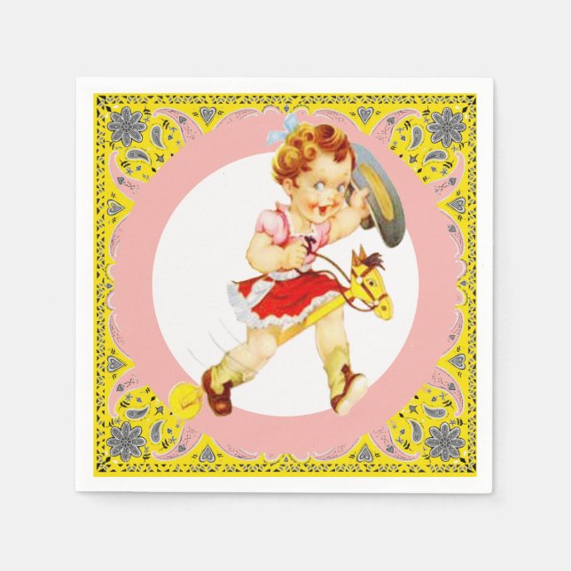Western Party Little Cowgirl On Stick Horse Napkin (Front)