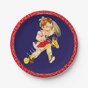 Western Party Little Cowgirl On Stick Horse Paper Plate