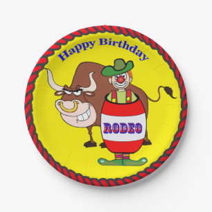Western Party Rodeo Clown and Bull Happy Birthday Paper Plate
