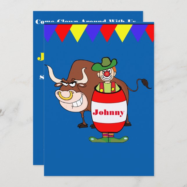 Western Party Rodeo Clown With Bull Personalise Invitation (Front/Back)
