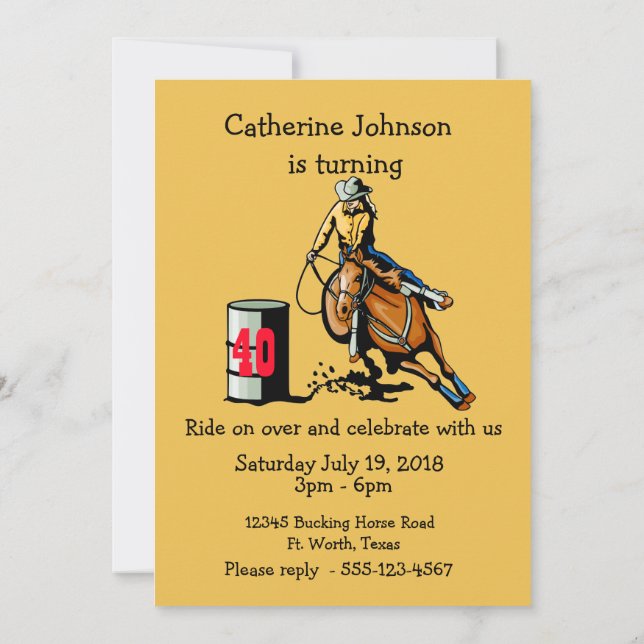 Western Party Rodeo Cowgirl Barrel Racer Invitation (Back)